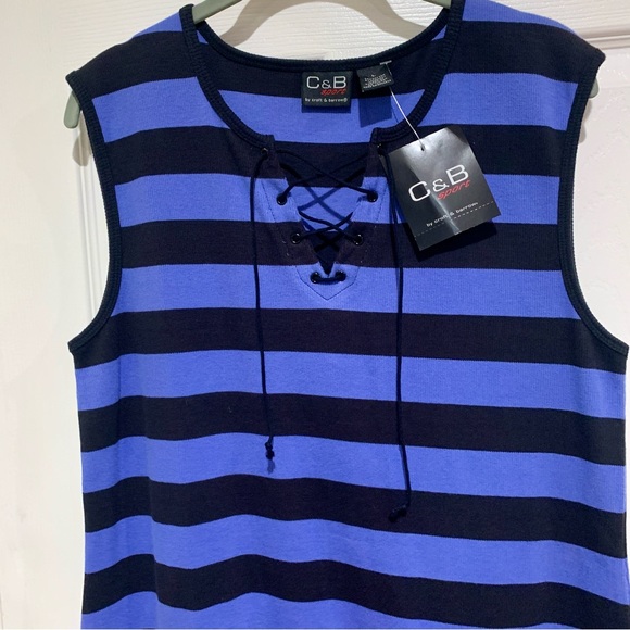 C & B Sport Sleeveless Casual Ribbed Knit Stripe Shift Dress Blue Size Large NWT - Picture 2 of 10